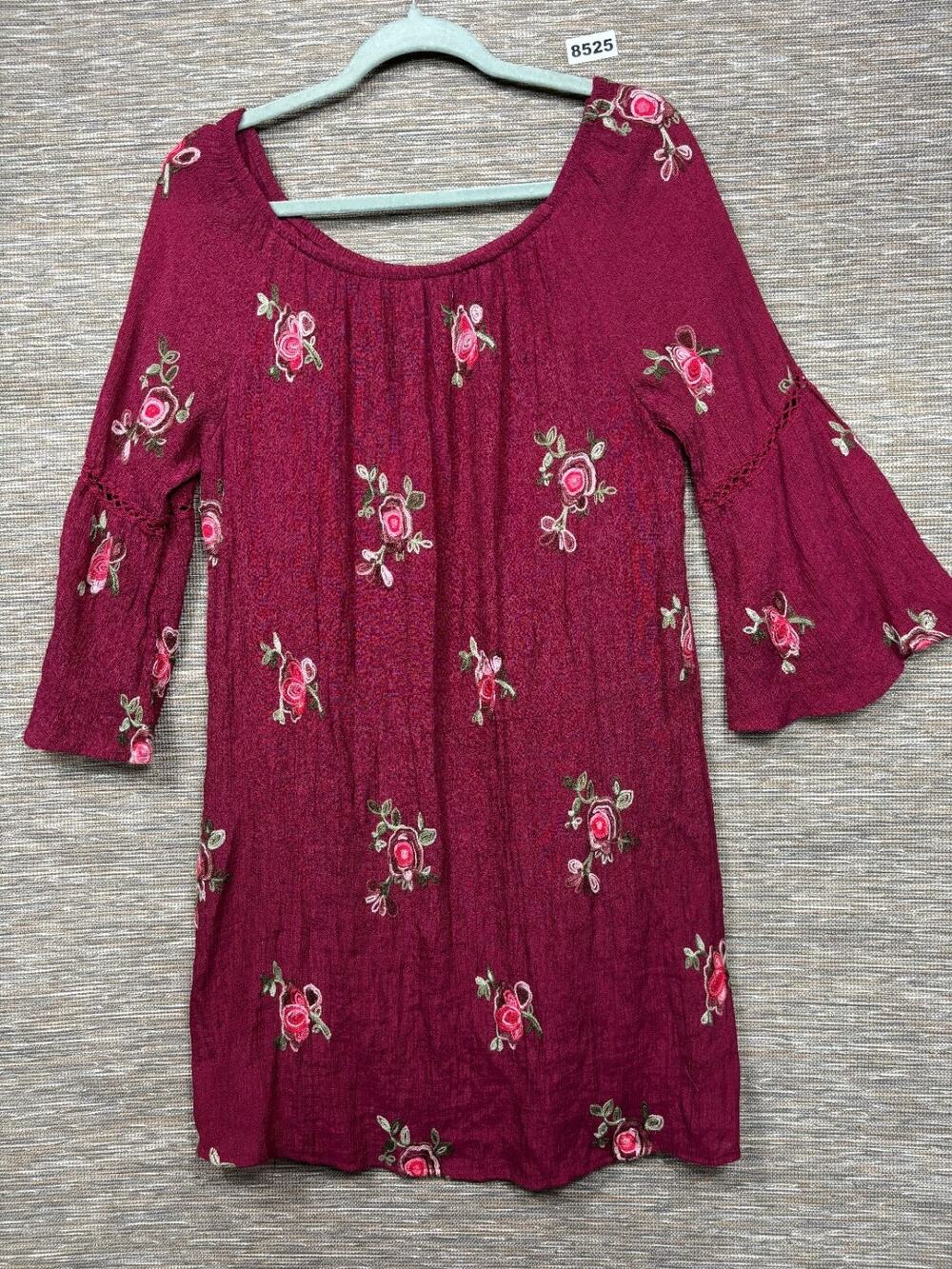 Figueroa & Flower Shift Dress Womens Size L Wine Floral Embroidered Boho